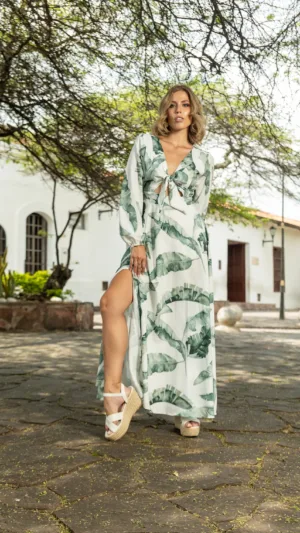 VESTIDO MILA BLANCO HOJA VERDE
