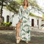 VESTIDO MILA BLANCO HOJA VERDE
