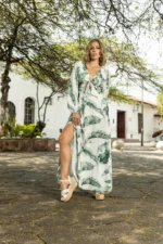 VESTIDO MILA BLANCO HOJA VERDE